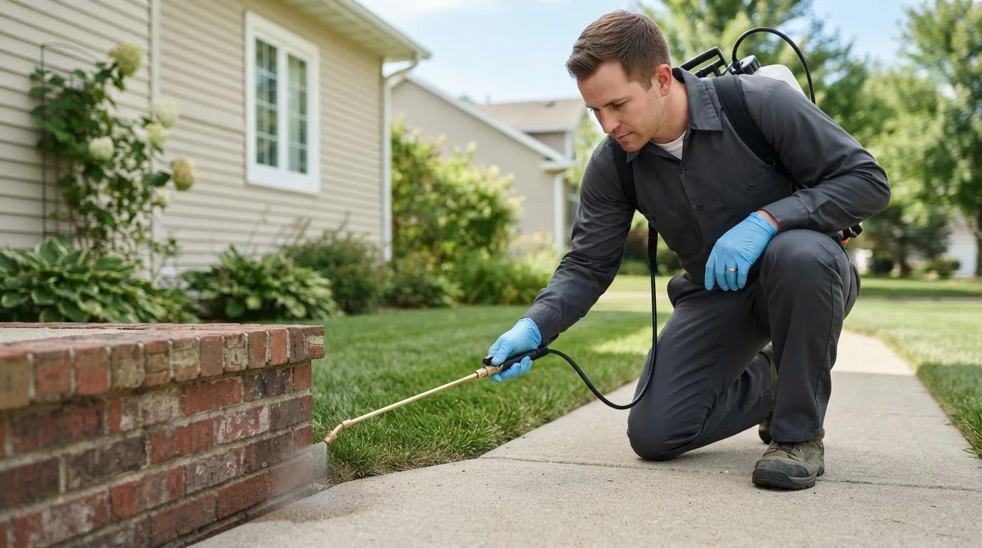 Pest control technician treating a home near Corapeake, NC