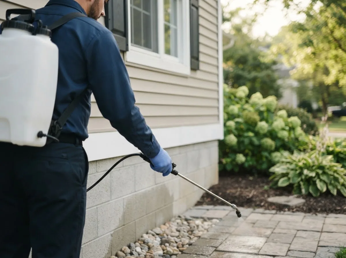 Pest control technician inspecting a home in Corapeake, NC